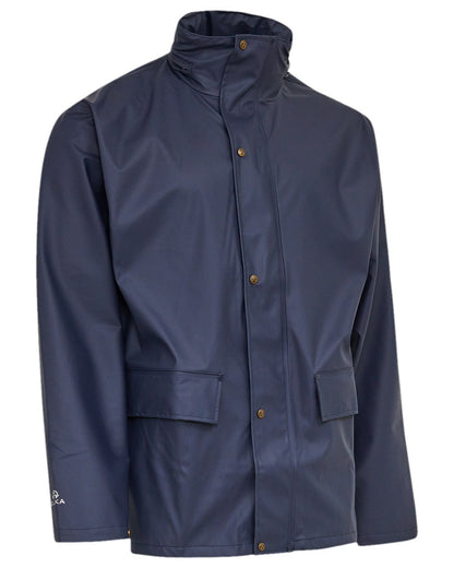 Navy Coloured Elka Mens Dry Zone PU Rain Jacket on white background 