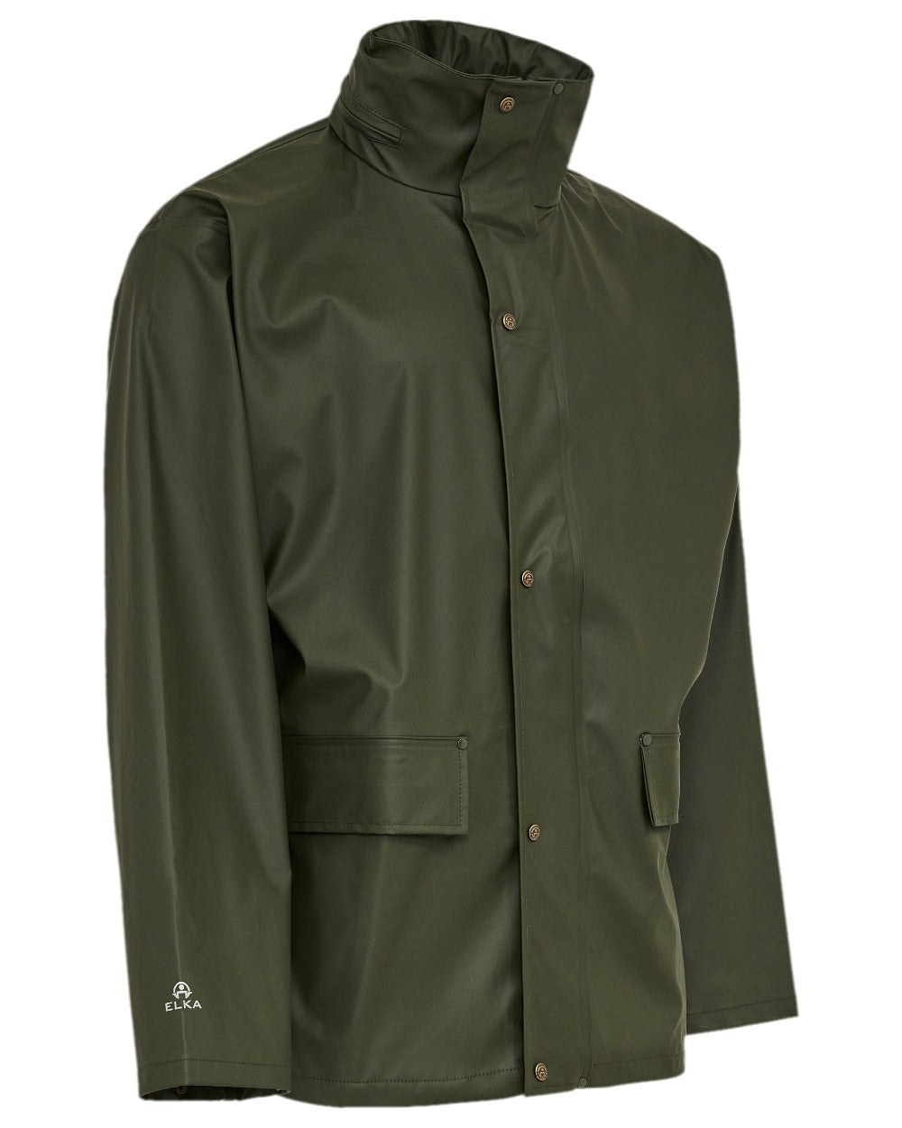 Olive Coloured Elka Mens Dry Zone PU Rain Jacket on white background 
