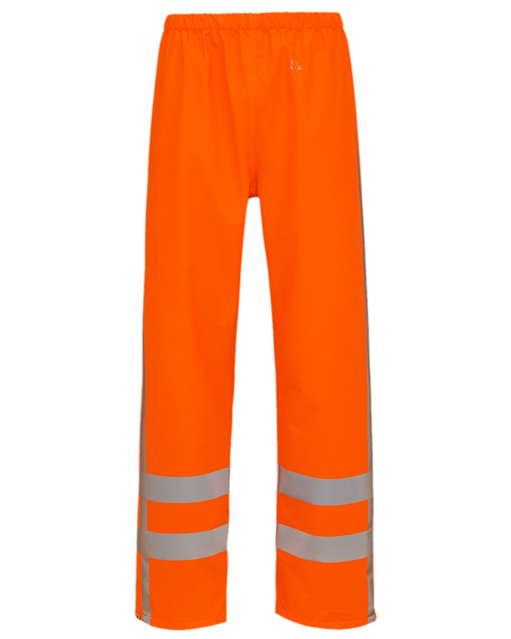 Fluorescent Orange Coloured Elka Mens Dry Zone Visible Hi-Vis Rain Trousers With Vertical Reflective Stripes on white background 