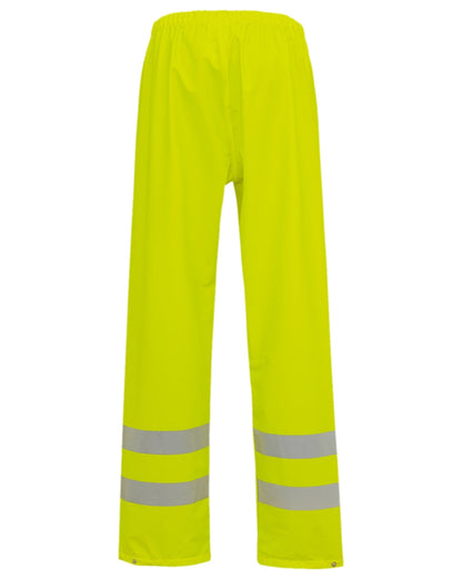 Fluorescent Yellow Coloured Elka Mens Dry Zone Visible Hi-Vis Rain Trousers With Vertical Reflective Stripes on white background 