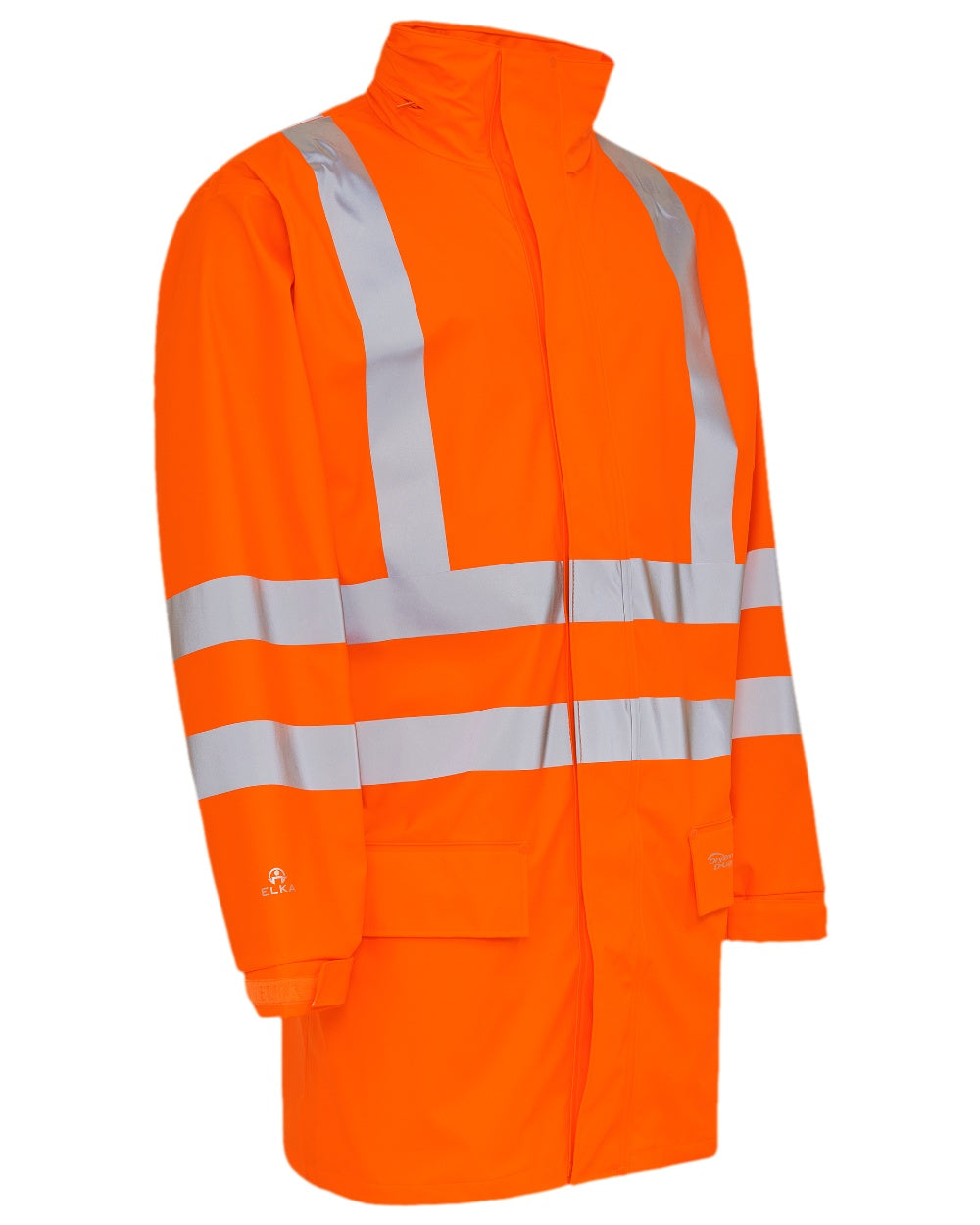 Fluorescent Orange Coloured Elka Mens Dry Zone Visible Jacket Extra Length on white background 