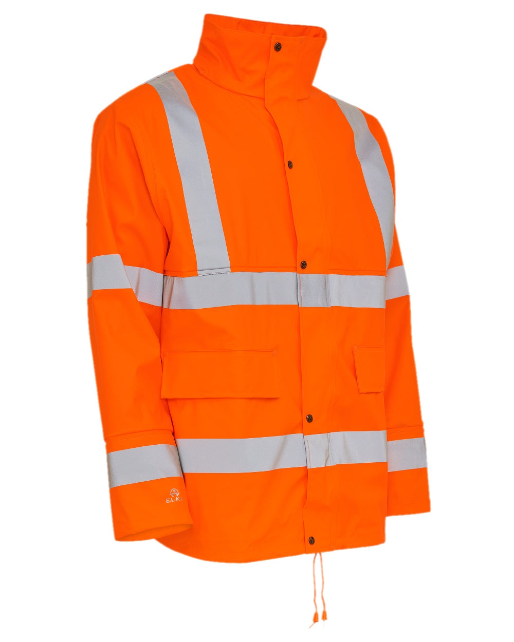 Fluorescent Orange Coloured Elka Mens Dry Zone Visible PU Rain Jacket Hi-Vis With Reflective Stripes on white background 