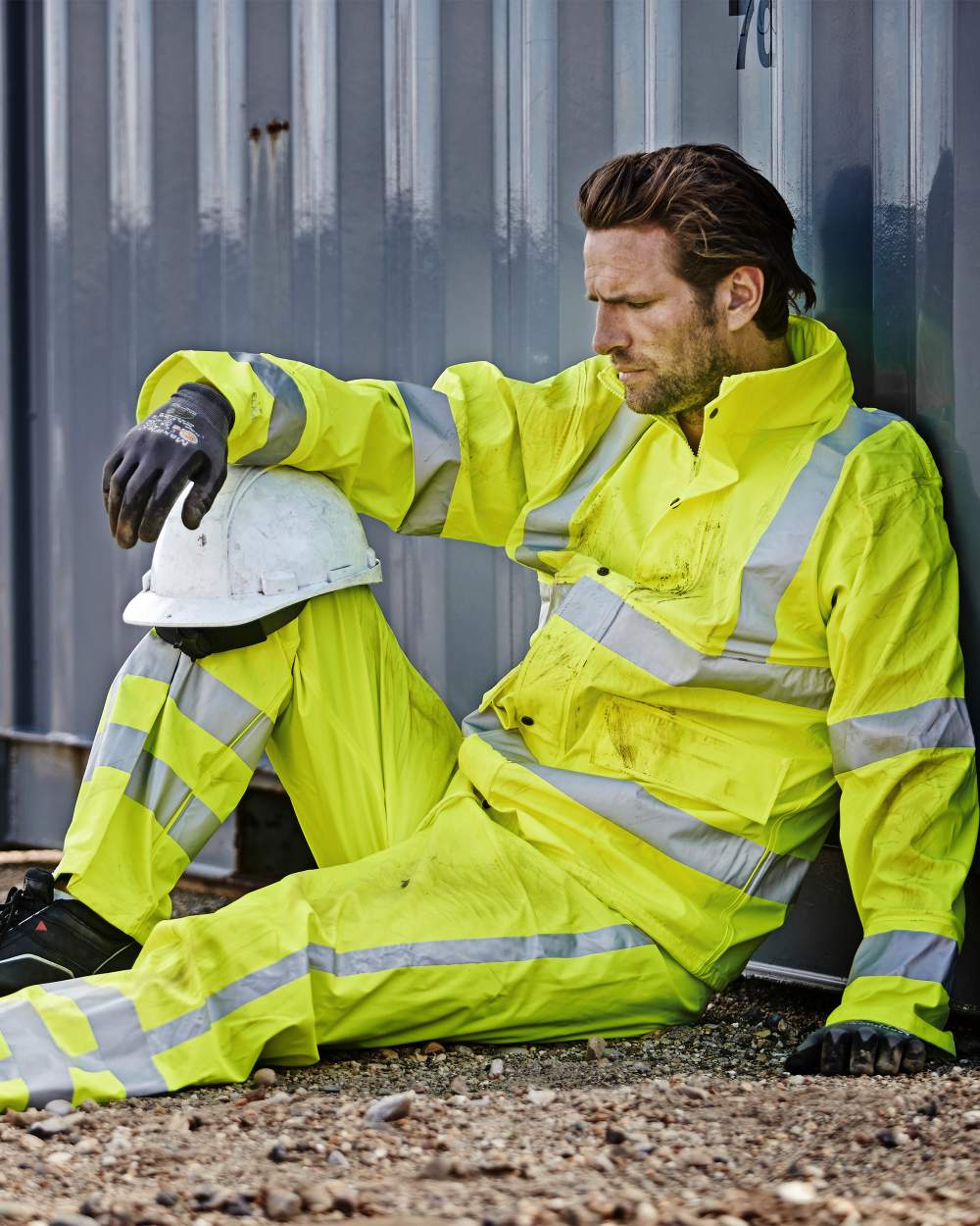 Fluorescent Yellow Coloured Elka Mens Dry Zone Visible PU Rain Jacket Hi-Vis With Reflective Stripes on outdoor background 