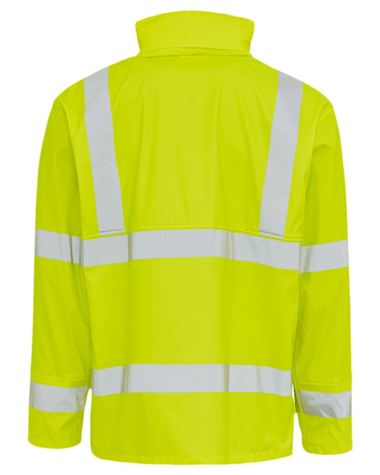 Fluorescent Yellow Coloured Elka Mens Dry Zone Visible PU Rain Jacket Hi-Vis With Reflective Stripes on white background 