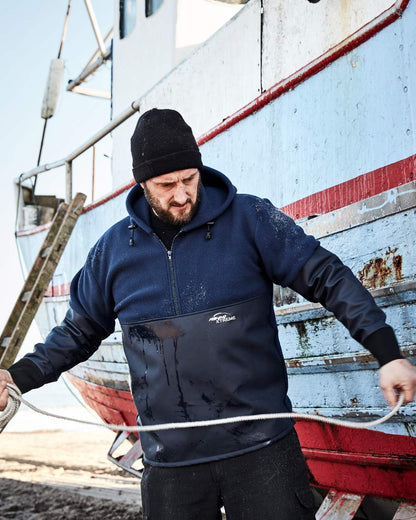Navy Coloured Elka Mens Fishing Xtreme Anorak Fleece on ship background 