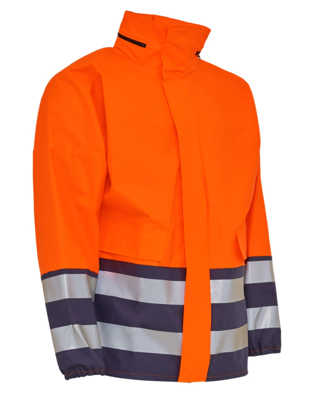 Fluorescent Orange Navy Coloured Elka Mens PU Visible Rain Jacket on white background 