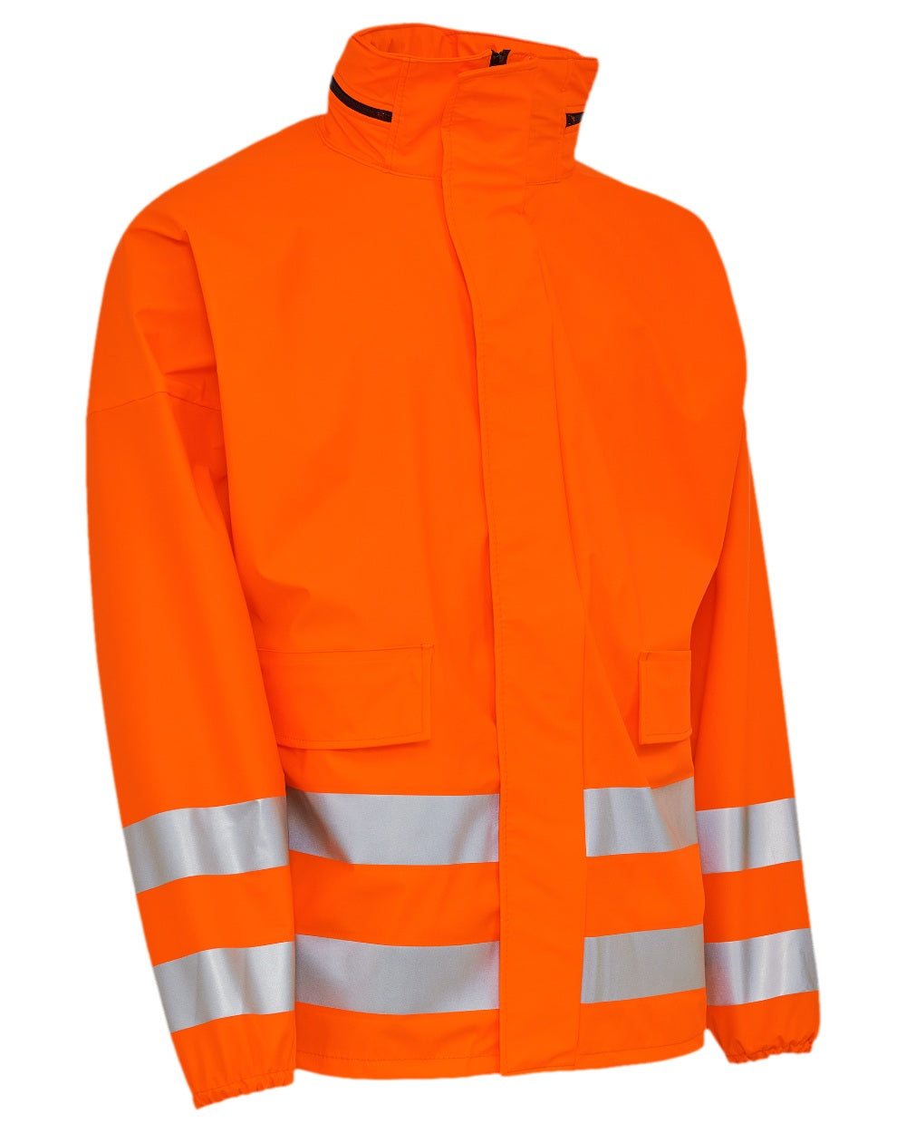 Fluorescent Orange Coloured Elka Mens PU Visible Rain Jacket on white background 