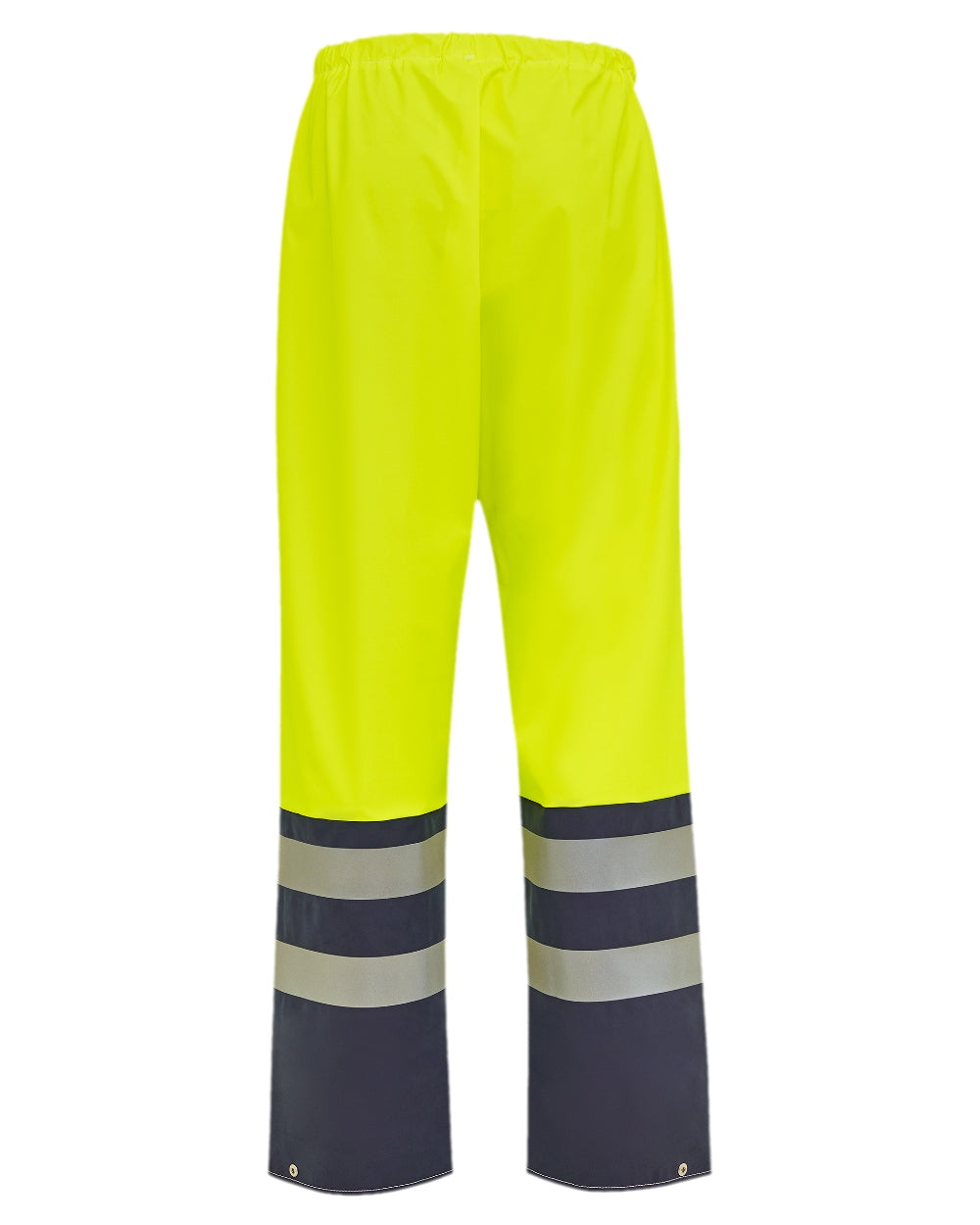 Fluorescent Yell Navy Coloured Elka Mens PU Visible Waist Trousers With Reflective Tape on white background 
