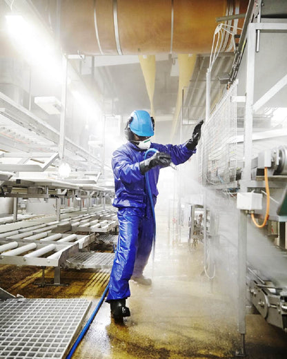 Cobalt Coloured Elka Mens Pro Waist Trousers on factory background 