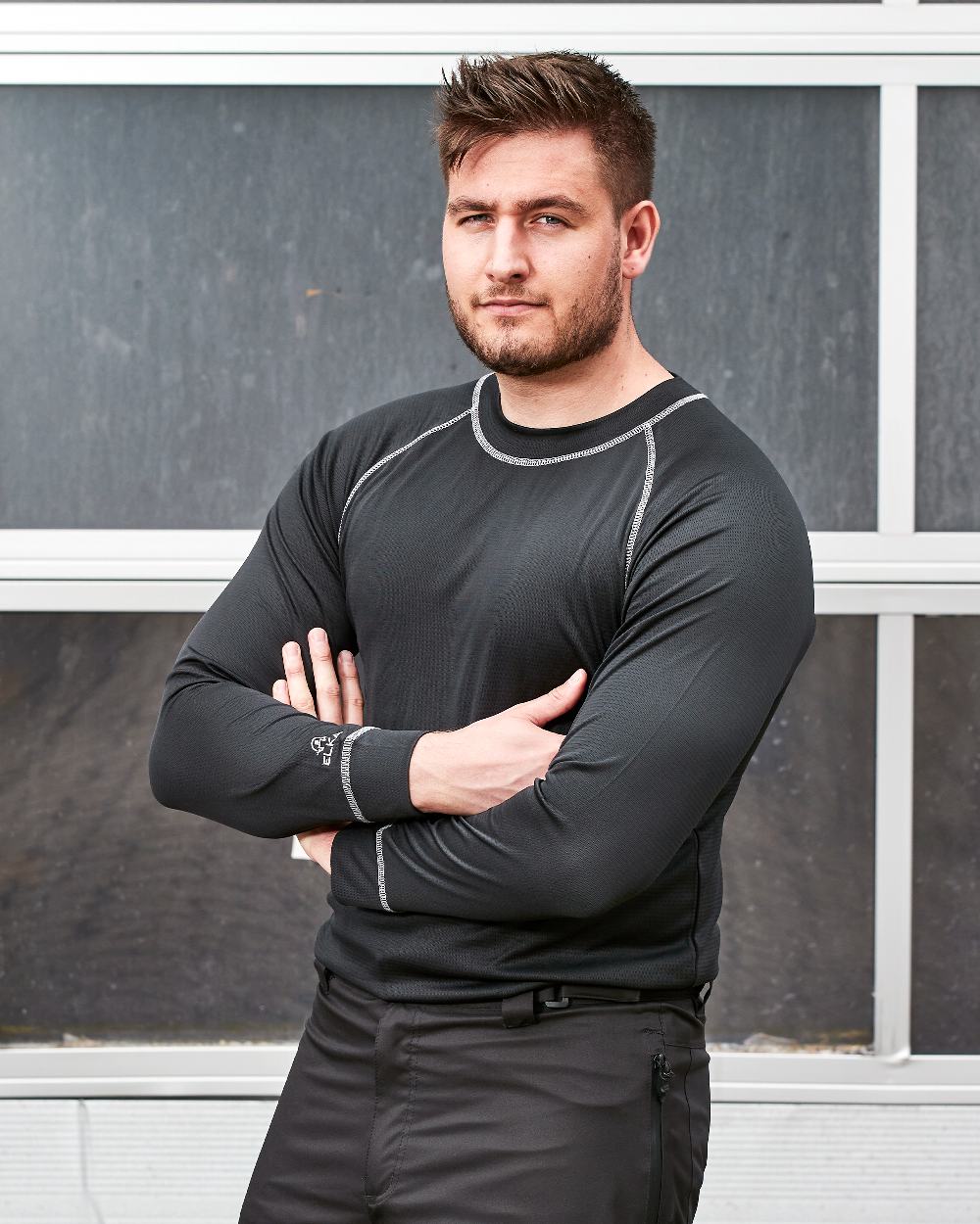 Black Coloured Elka Mens Crew Neck Thermal Base Layer on outdoor background 