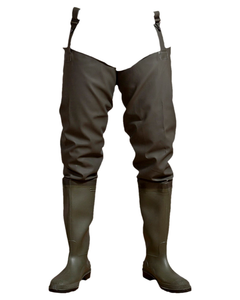 Olive Coloured Elka Mens Thigh Waders on white background 