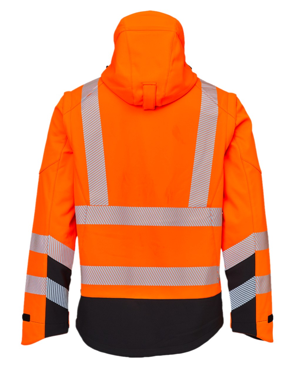 Fluorescent Orange Black Coloured Elka Mens Visible Xtreme Softshell Jacket With Detachable Sleeves on white background 