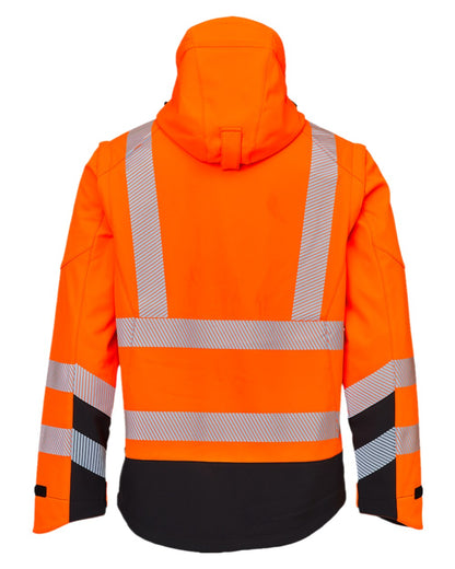 Fluorescent Orange Black Coloured Elka Mens Visible Xtreme Softshell Jacket With Detachable Sleeves on white background 