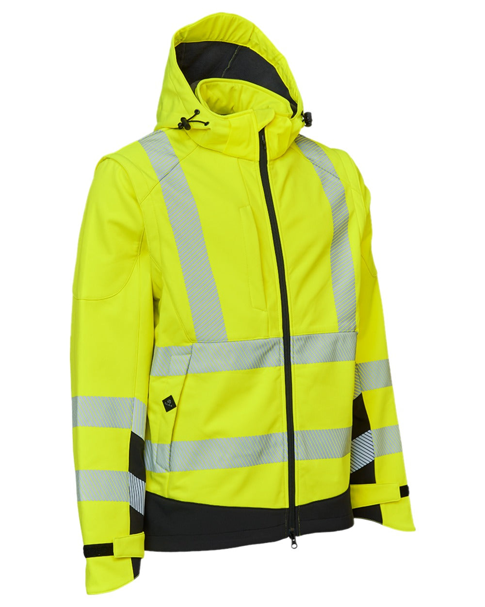 Fluorescent Yellow Black Coloured Elka Mens Visible Xtreme Softshell Jacket With Detachable Sleeves on white background 