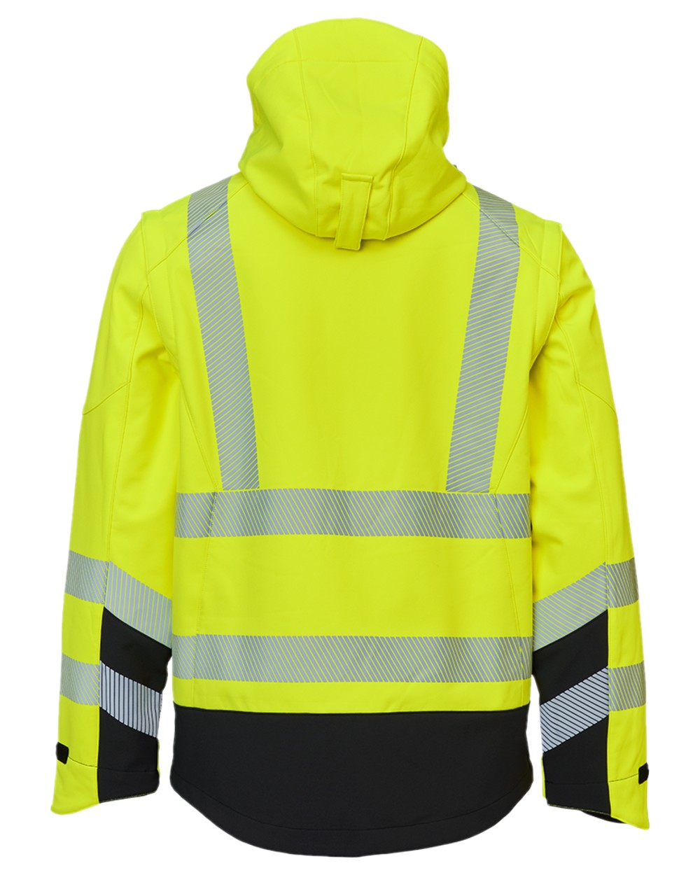 Fluorescent Yellow Black Coloured Elka Mens Visible Xtreme Softshell Jacket With Detachable Sleeves on white background 
