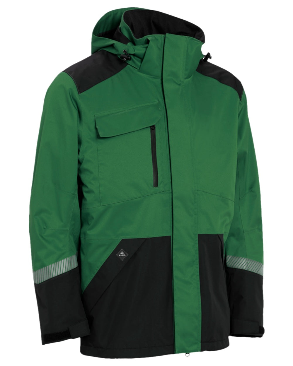 Green Black Coloured Elka Mens Working Xtreme Stretch Jacket on white background 