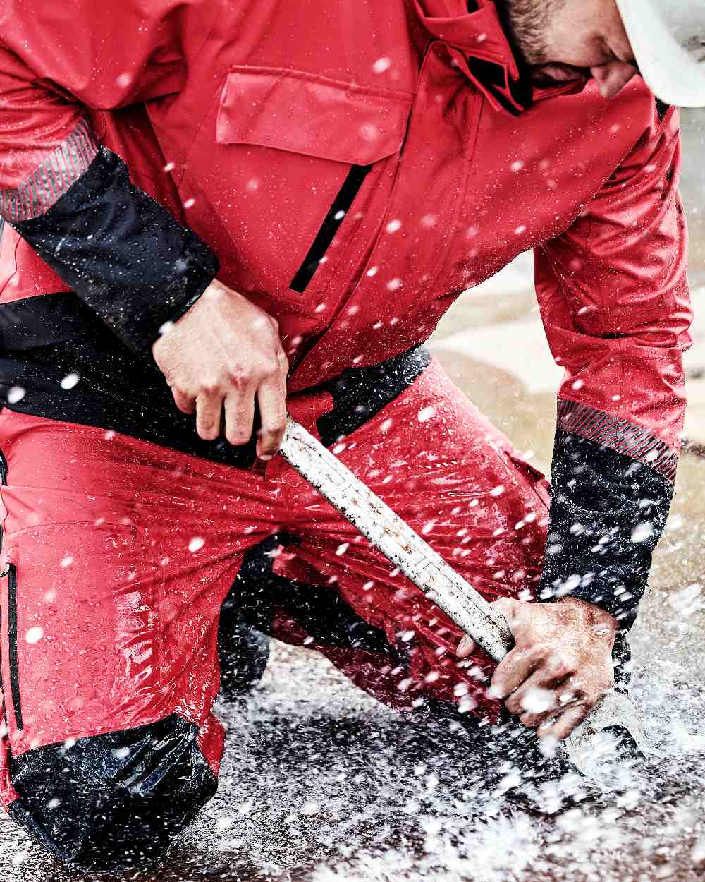 Red Black Coloured Elka Mens Working Xtreme Stretch Jacket on water background 
