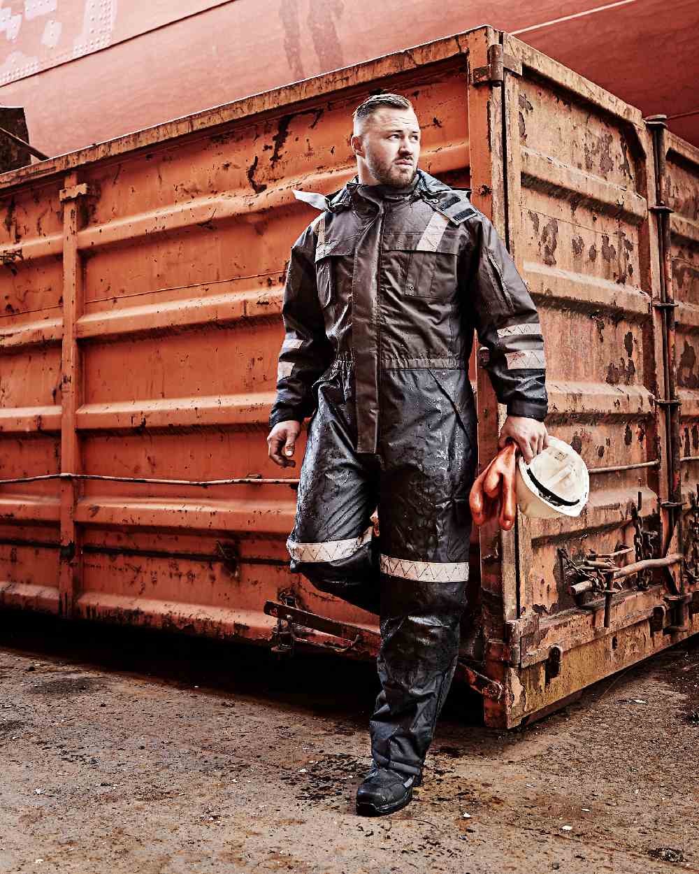 Grey Black Coloured Elka Mens Working Xtreme Winter Thermal Coverall on container background 