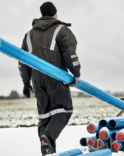 Grey Black Coloured Elka Mens Working Xtreme Winter Thermal Coverall on snow background 