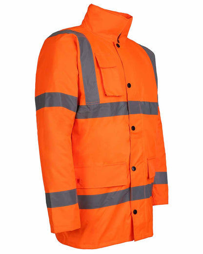 Orange coloured Fort Workwear Hi-Vis Quilted Jacket on white background 