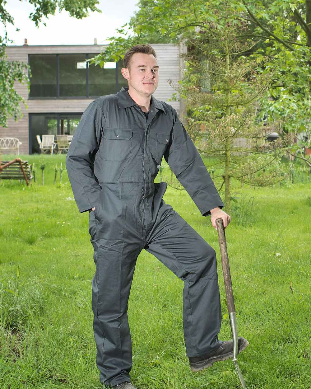 Green coloured Fort Stud Front Boilersuit on outdoor background 
