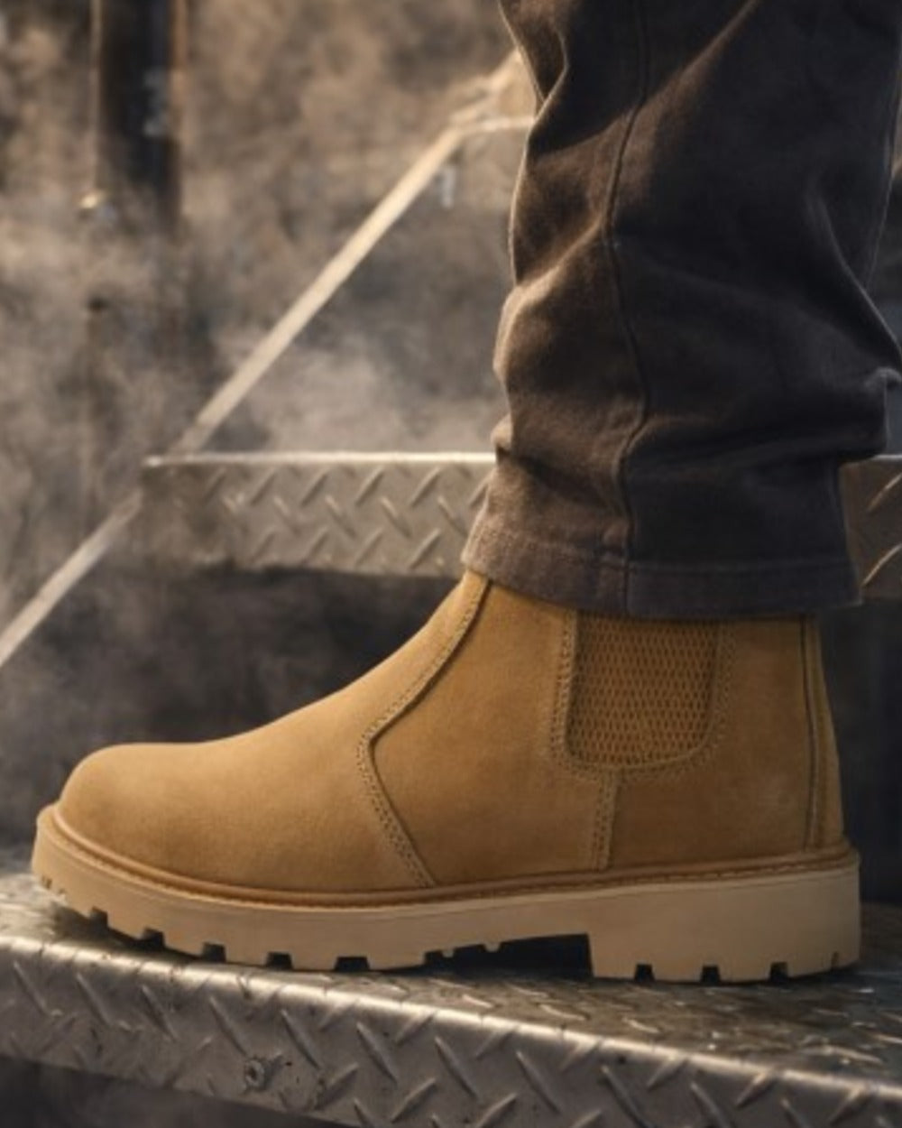 Honey coloured Grafters Grinder Chelsea Safety Boot on outdoor background 