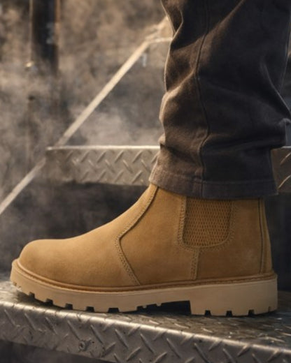 Honey coloured Grafters Grinder Chelsea Safety Boot on outdoor background 