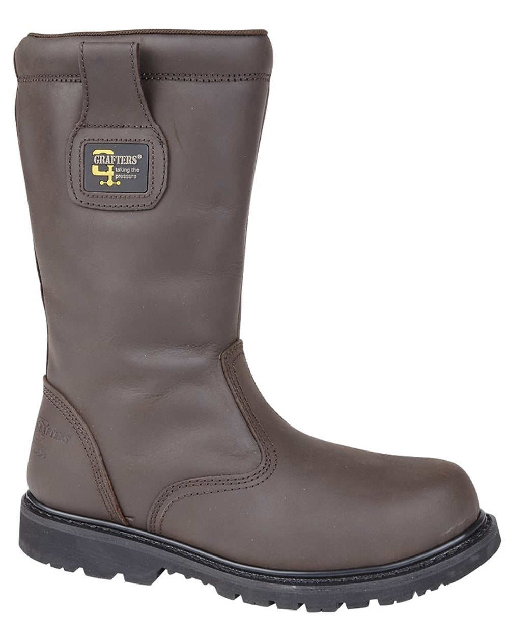 Brown coloured Grafters Mens Crazy Horse Leather Safety Rigger Boots on white background