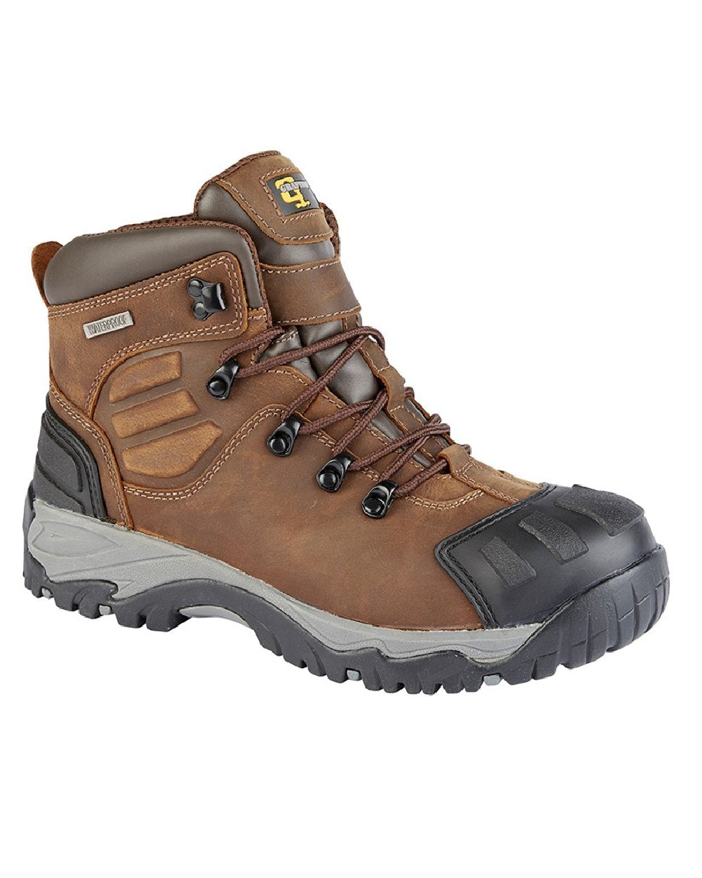 Brown coloured Grafters Mens Full Grain Buffalo Leather Hiker Type Safety Boots on white background 