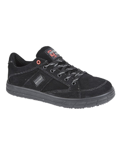 Black coloured Grafters Skate Type Toe Cap Safety Trainers on white background 
