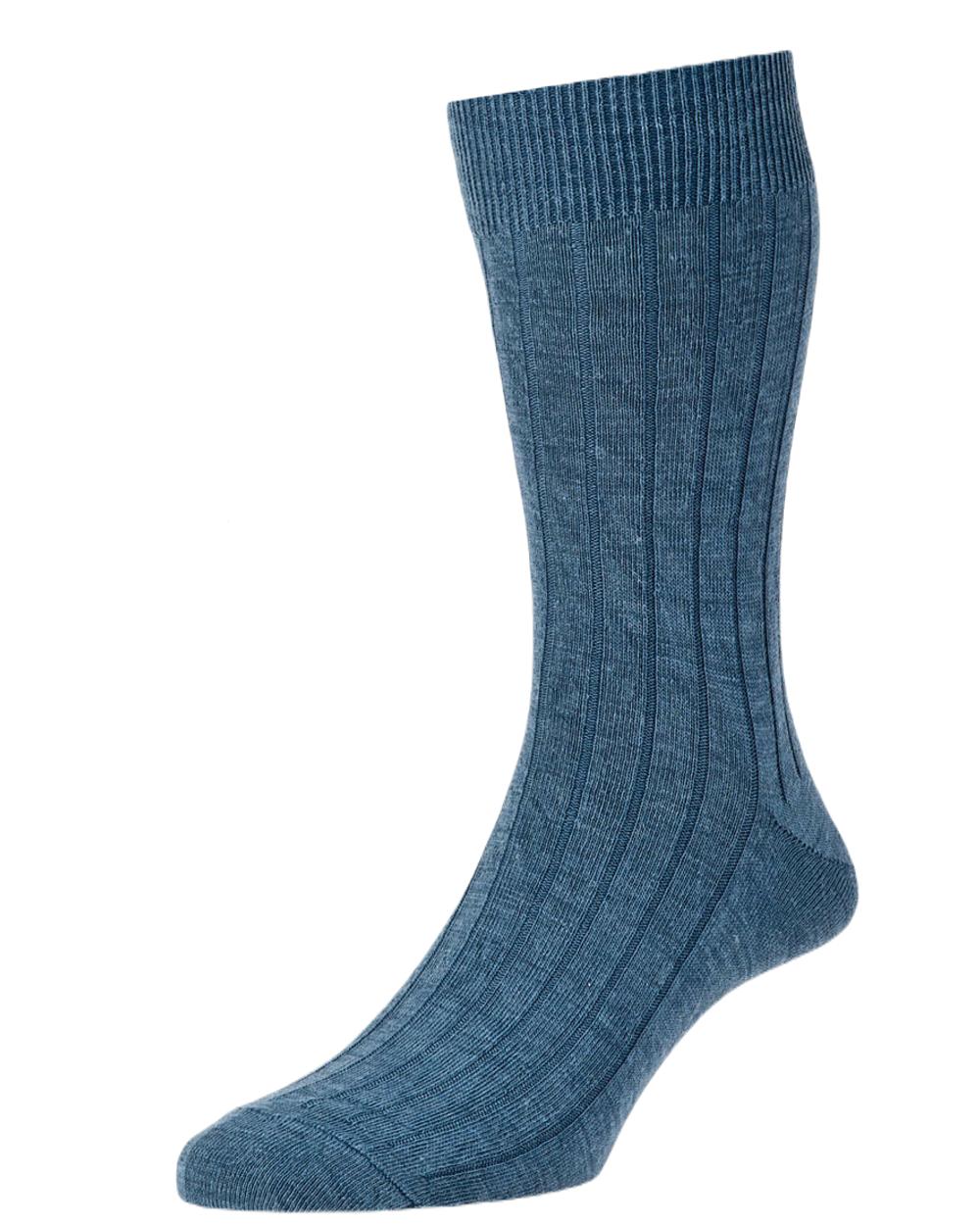 Slate Blue Coloured HJ Hall Broad Rib Socks on white background 