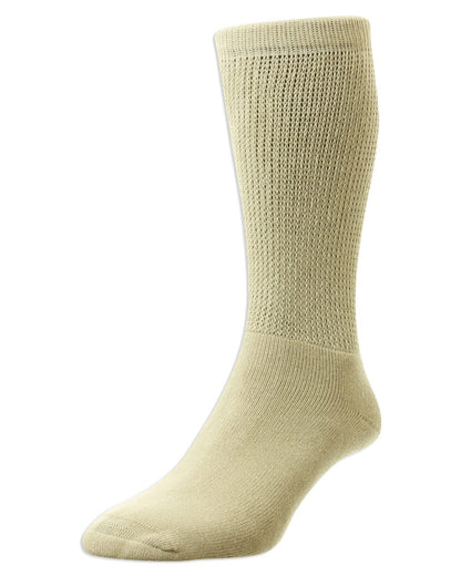 Oatmeal coloured HJ Hall Cotton Rich Diabetic Socks on bed background 