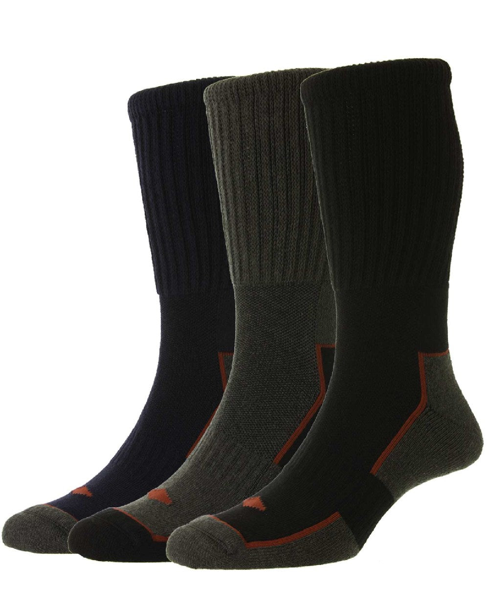 Black Grey Navy coloured HJ Hall Long Cotton Comfort Top Work Sock Triple Pack on white background 