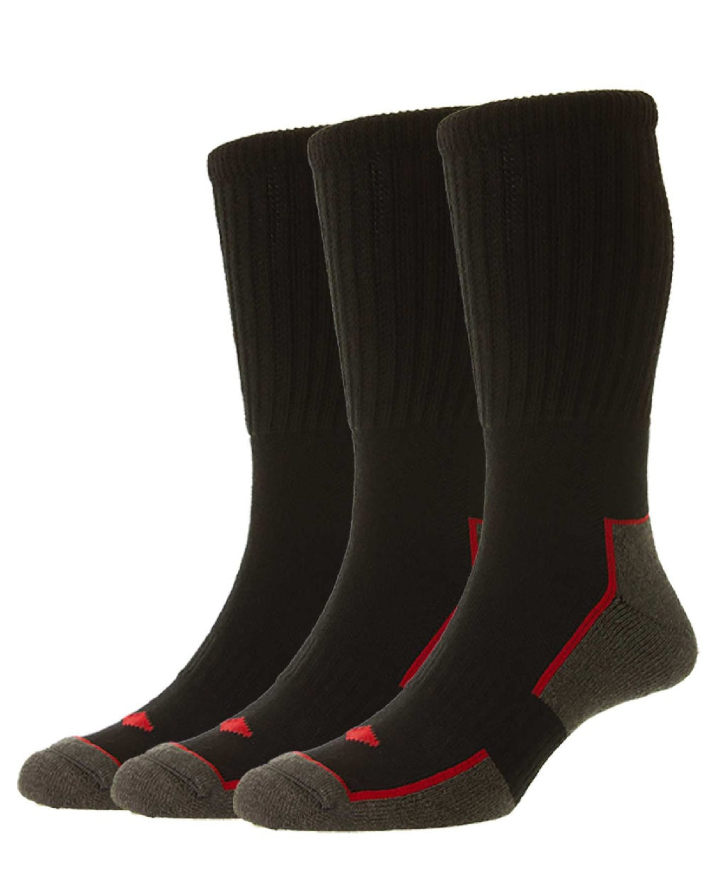 Black coloured HJ Hall Long Cotton Comfort Top Work Sock Triple Pack on white background 