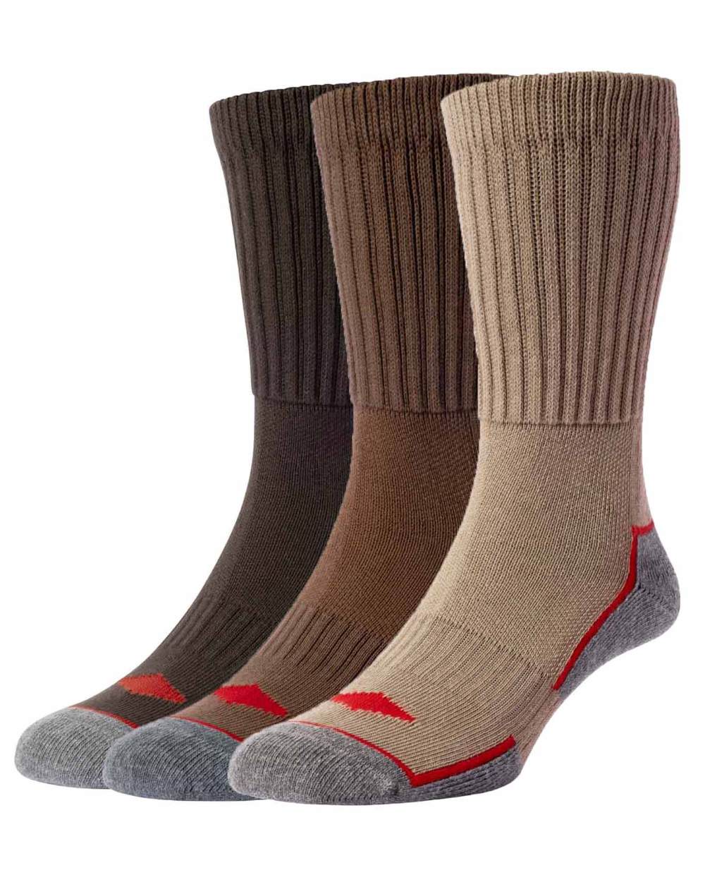 Dark Brown Med Brown Light Brown coloured HJ Hall Long Cotton Comfort Top Work Sock Triple Pack on white background