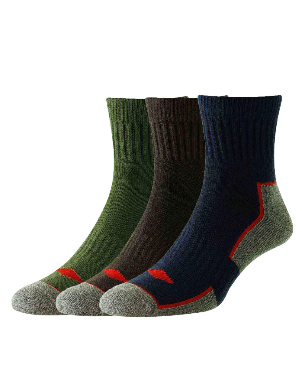Navy Brown Green coloured HJ Hall Short Work Sock Triple Pack on white background 