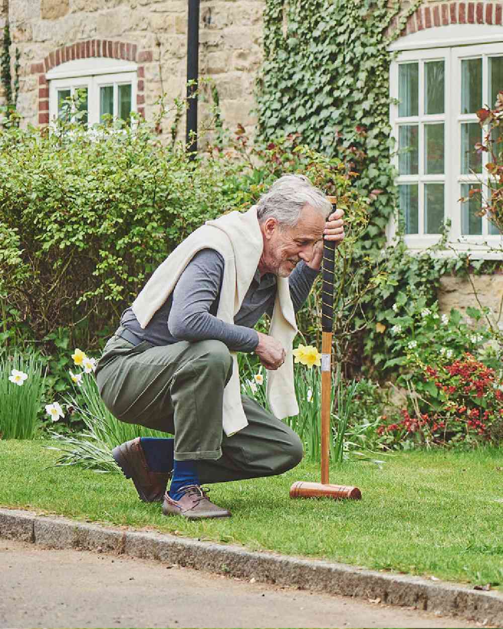 Royal Blue coloured HJ Hall Mens Original Bamboo Softop Socks on garden background 