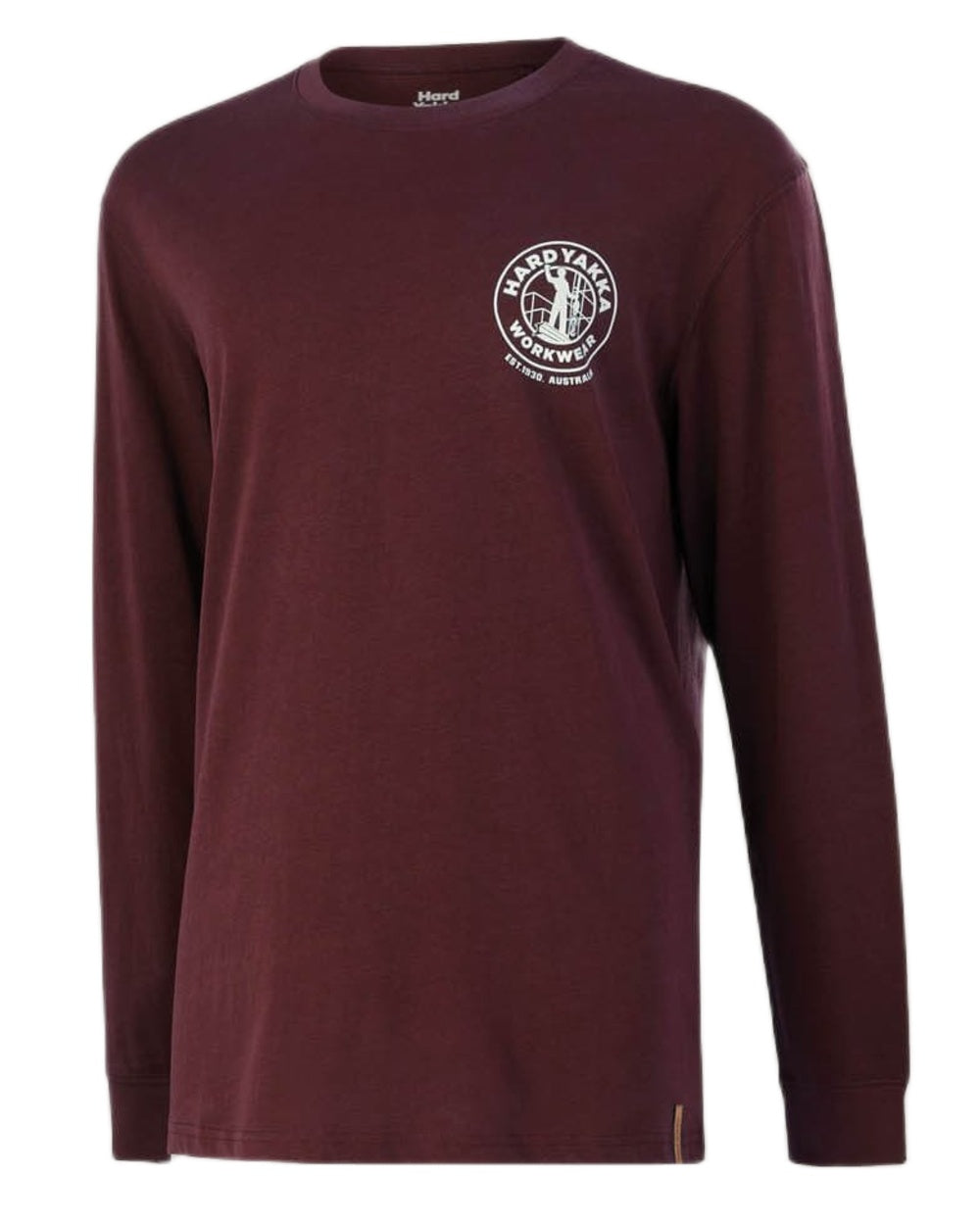 Burgundy coloured Hard Yakka Heritage Long Sleeve T-Shirt on white background 