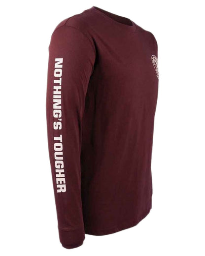 Burgundy coloured Hard Yakka Heritage Long Sleeve T-Shirt on white background 