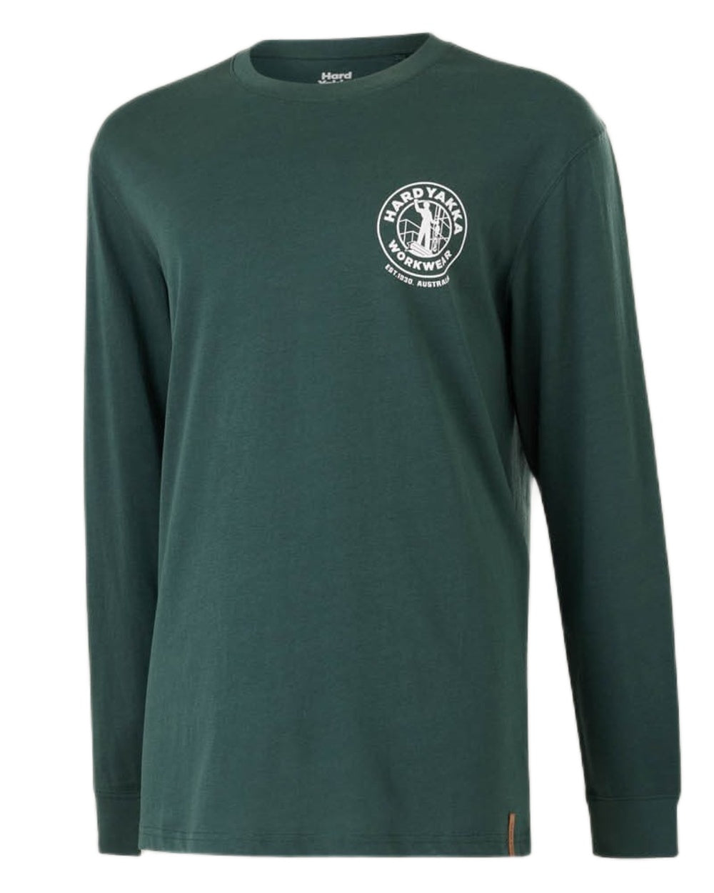 Green coloured Hard Yakka Heritage Long Sleeve T-Shirt on white background 