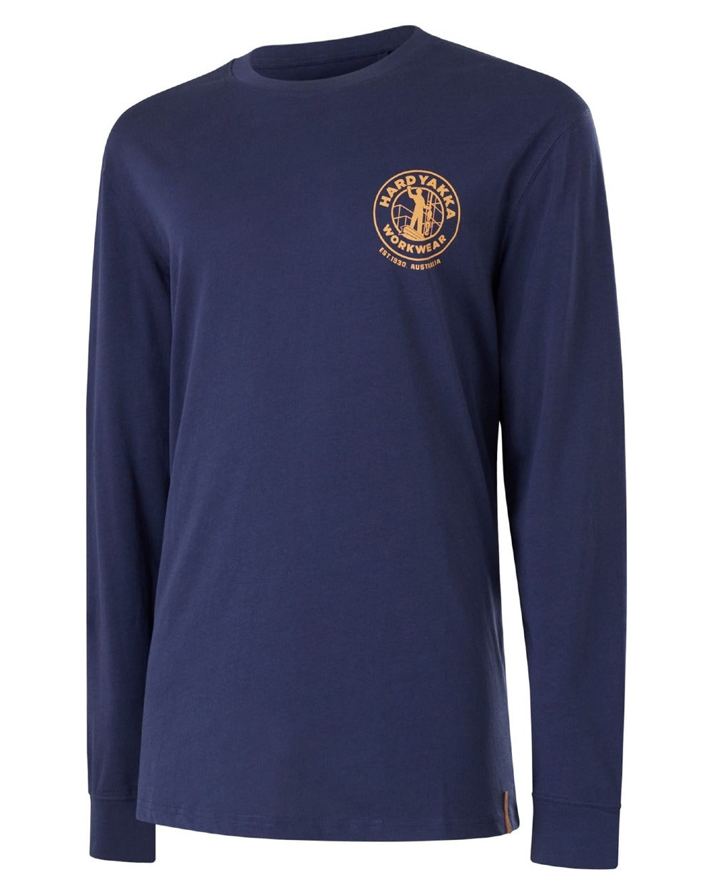 Navy coloured Hard Yakka Heritage Long Sleeve T-Shirt on white background 