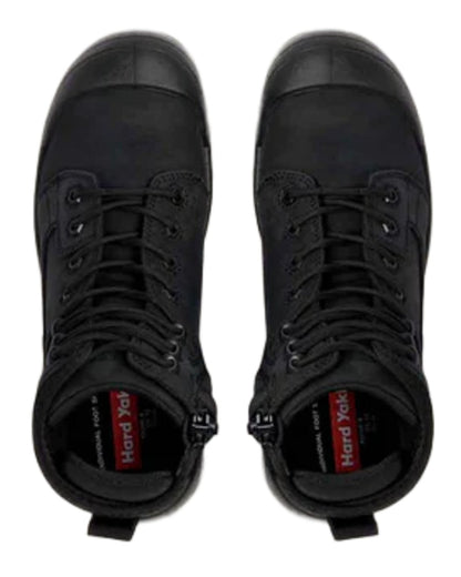 Black coloured Hard Yakka Legend S3 Safety Boots on white background 