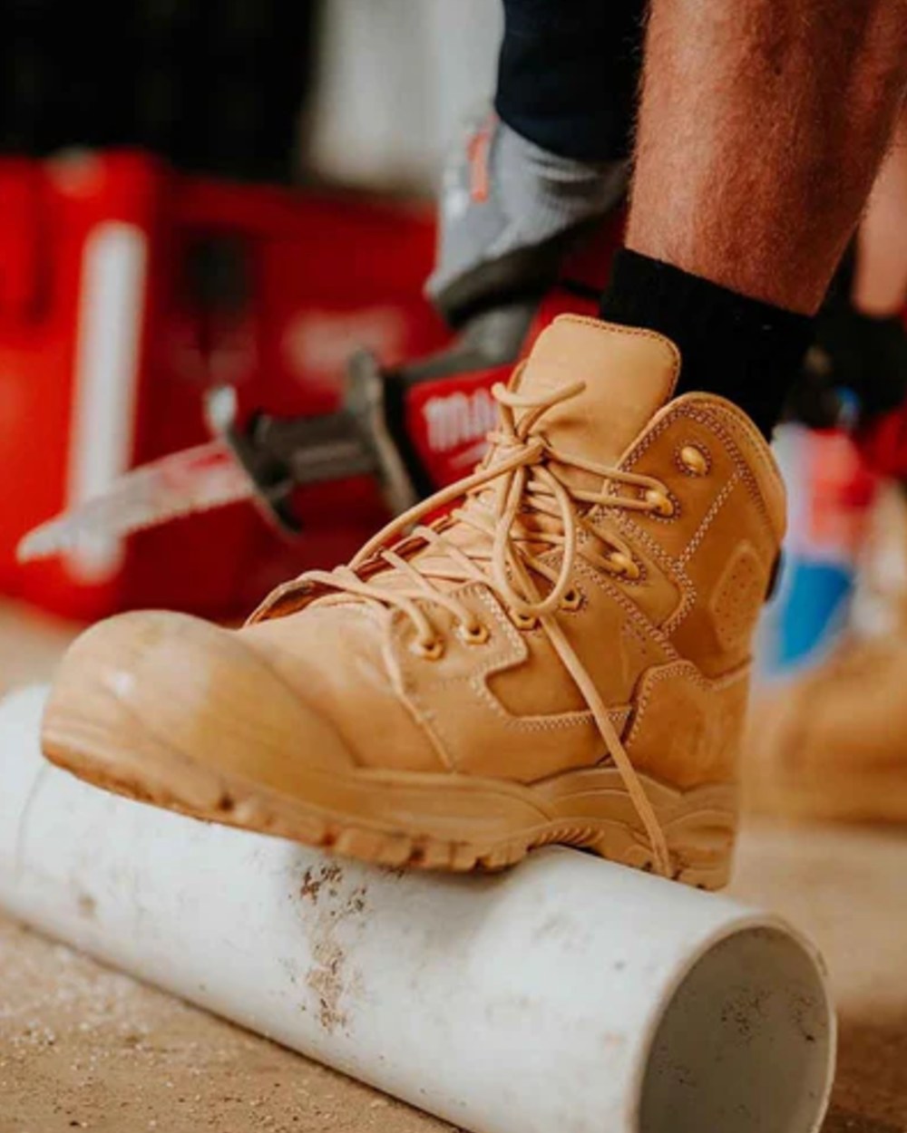 Wheat coloured Hard Yakka Legend S3 Safety Boots on outdoor background 