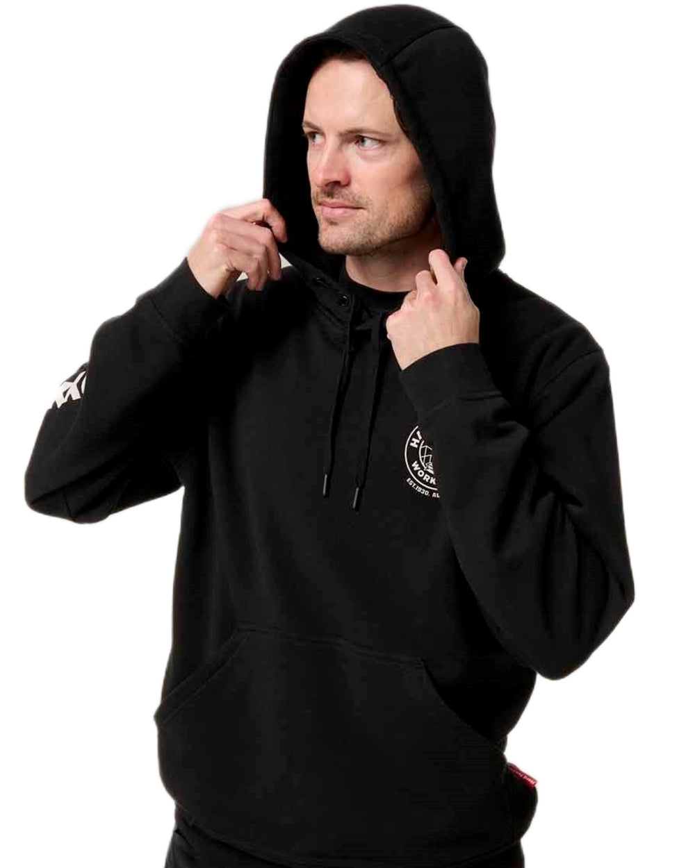Black coloured Hard Yakka Mens Heritage Icon Hoodie on white background 