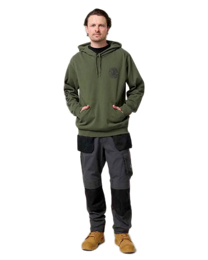 Military Green coloured Hard Yakka Mens Heritage Icon Hoodie on white background 