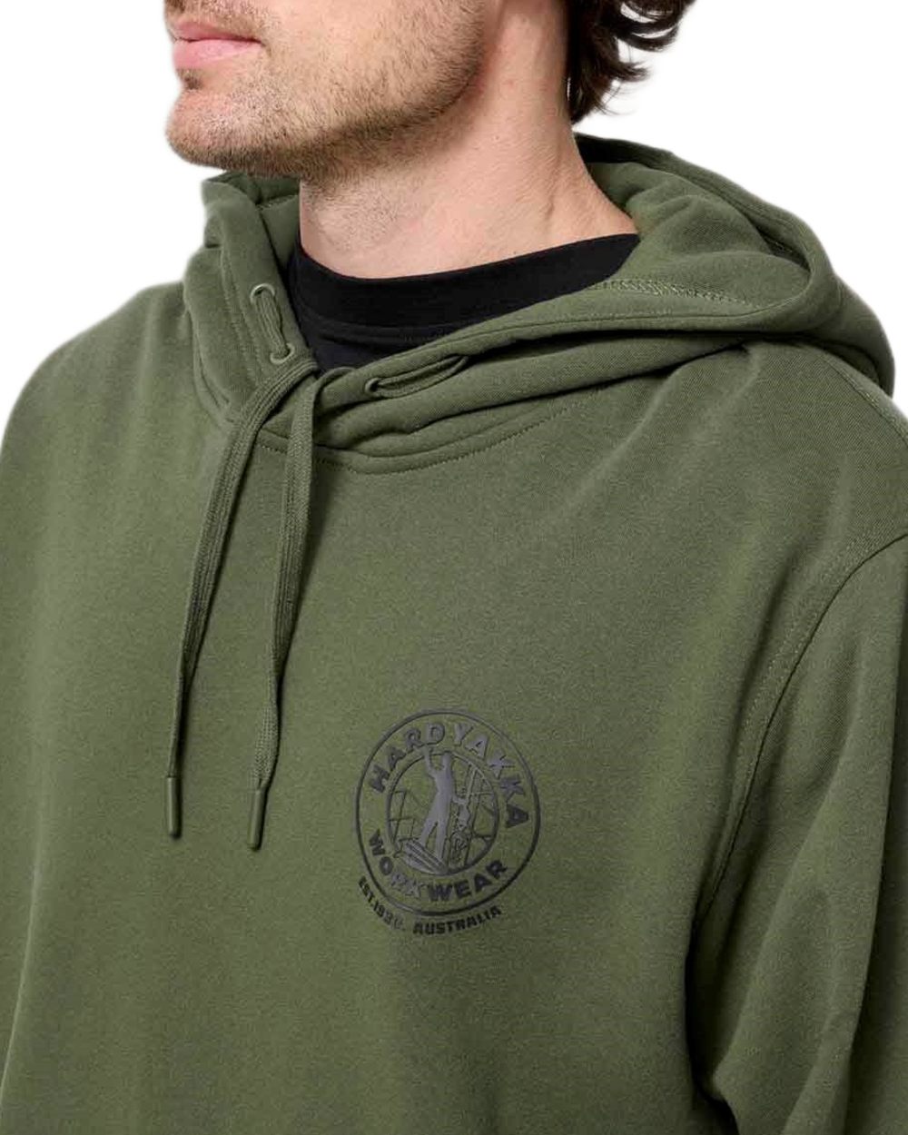 Military Green coloured Hard Yakka Mens Heritage Icon Hoodie on white background 