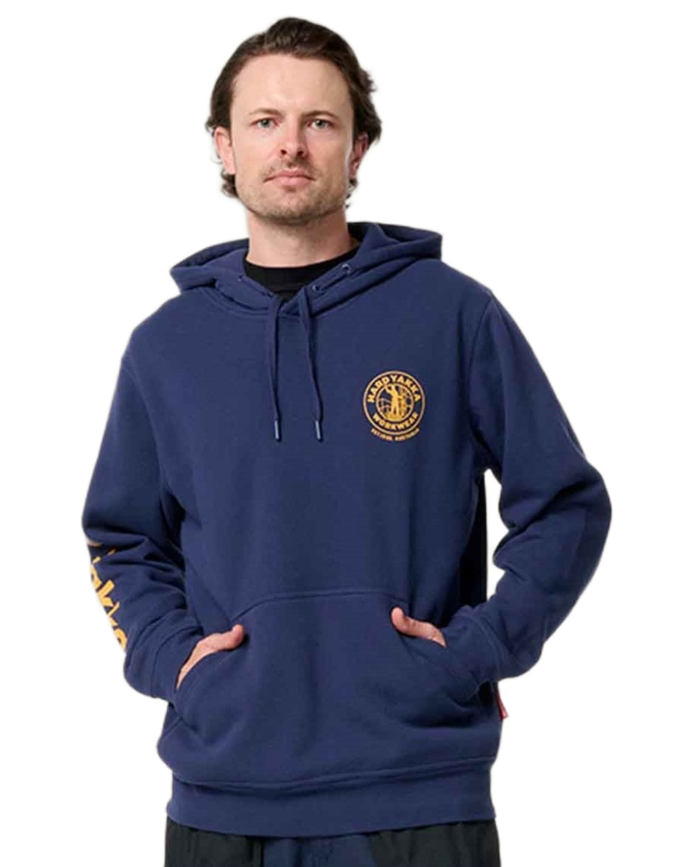 Navy coloured Hard Yakka Mens Heritage Icon Hoodie on white background 