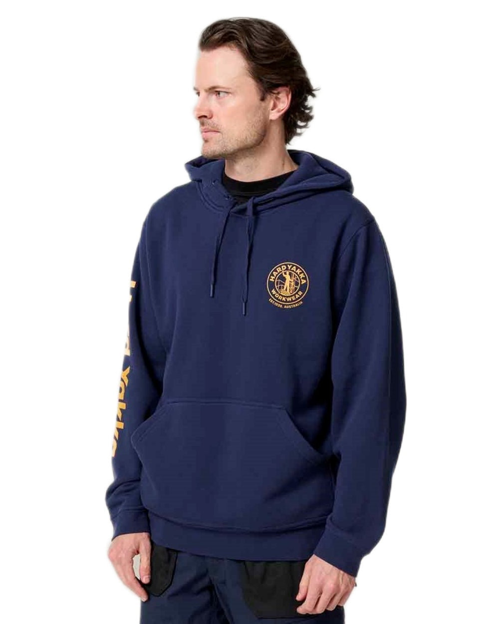 Navy coloured Hard Yakka Mens Heritage Icon Hoodie on white background 