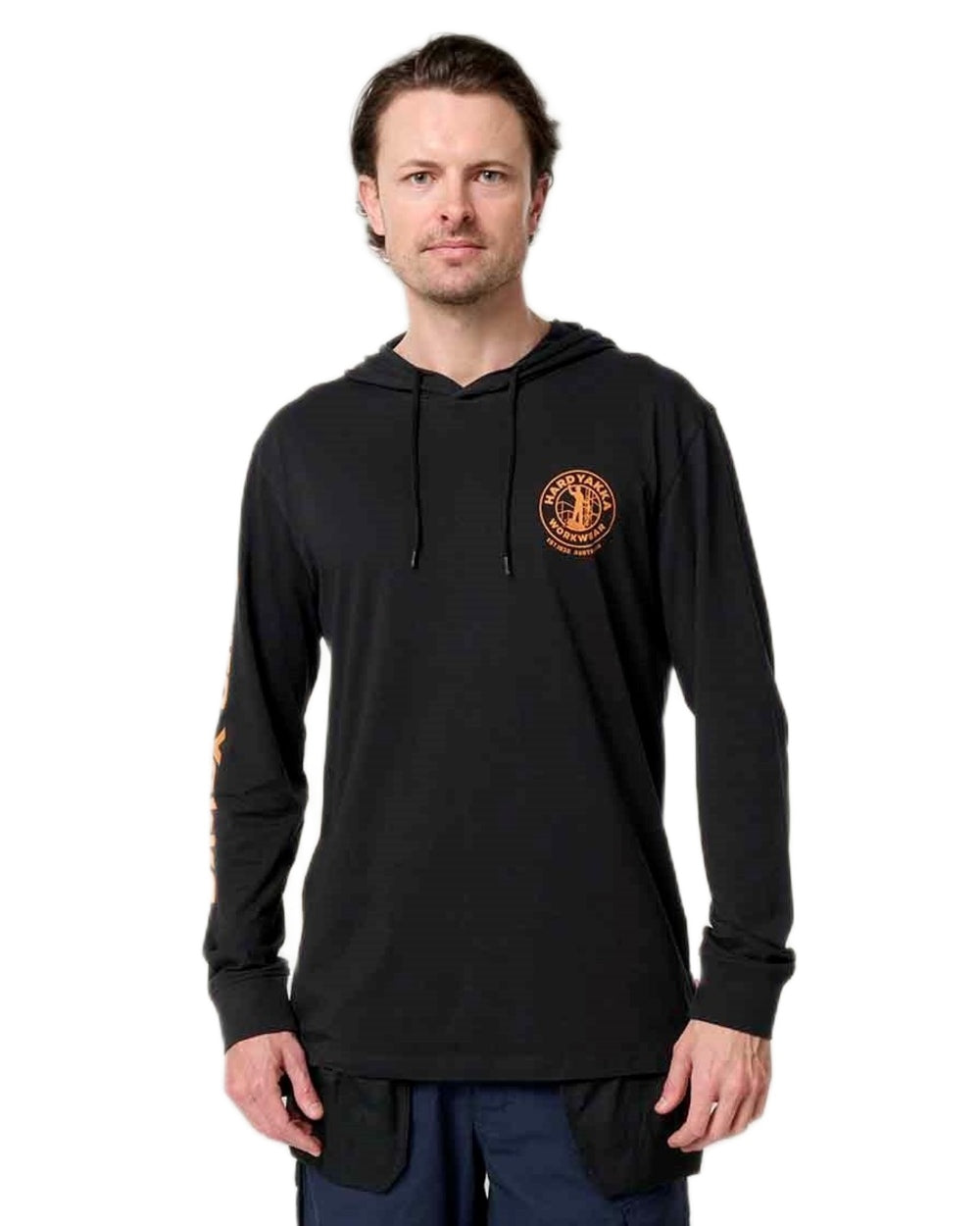 Black coloured Hard Yakka Mens Heritage Icon Lightweight Hoodie on white background 