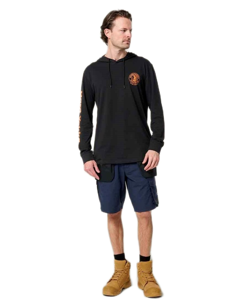 Black coloured Hard Yakka Mens Heritage Icon Lightweight Hoodie on white background 